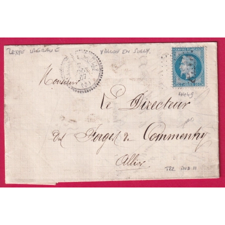 N°29 GC 4449 VALLON EN SULLY ALLIER CAD TYPE 22 TEXTE DE LAGRAVE POUR COMMENTRY LETTRE COVER