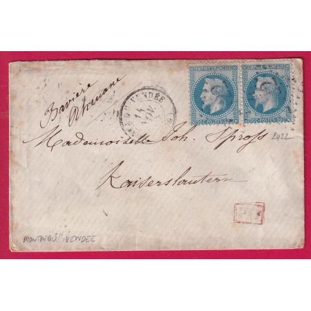 N°29 PAIRE GC 2422 MONTAIGU VENDEE POUR KAISERLAUTERN BAVIERE ALLEMAGNE 1867 LETTRE COVER