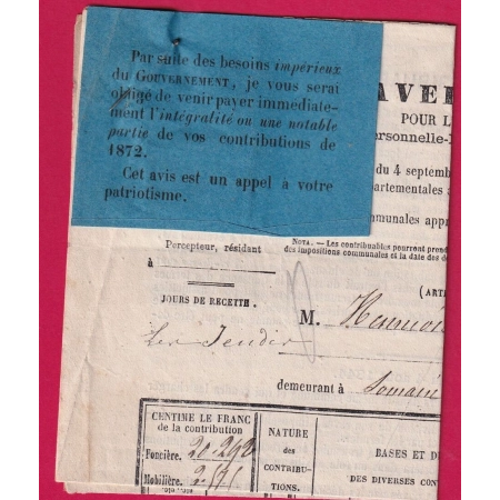 ETIQUETTE PATRIOTIQUE APRES LA GUERRE 1870 SUR AVIS CONTRIBUTIONS SOMAIN NORD LILLE 31 12 1871 LETTRE COVER