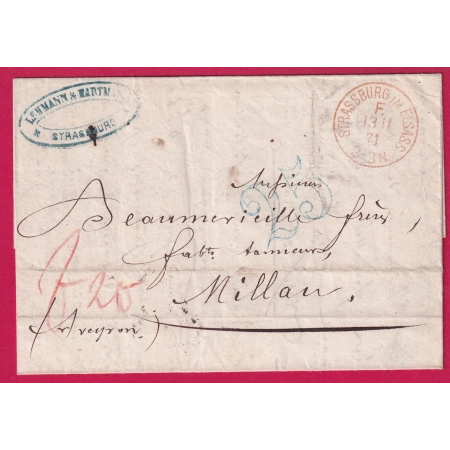 GUERRE 1870 CAD FRANCHISE MILITAIRE STRASBOURG BAS RHIN 1871 TAXE TAMPON 25 EN BLEU POUR MILHAU AVEYRON LETTRE COVER
