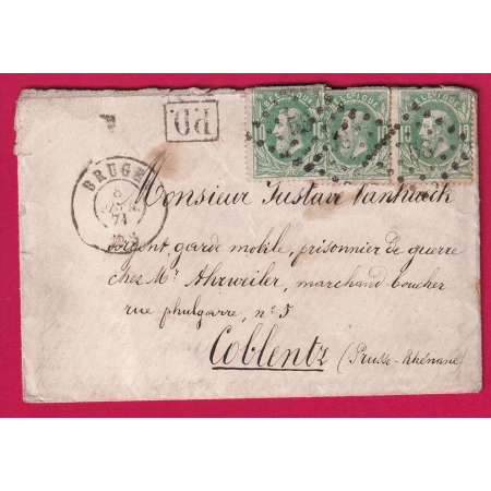 GUERRE 1870 VOIE BELGE TEXTE LILLE NORD 10 JANV 1871 POSTEE A BRUGES BELGIQUE 8 FEV POUR COBLENTZ PRISONNIER DE GUERRE
