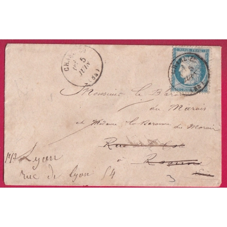 N°60 CAD TYPE 16 CHARLIEU LOIRE POUR BOEN REEXP LYON LETTRE COVER