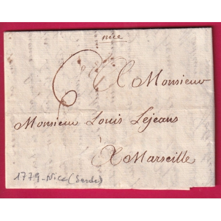 MARQUE MANUSCRIT NICE 1779 POUR MARSEILLE ALPES MARITIMES LETTRE COVER