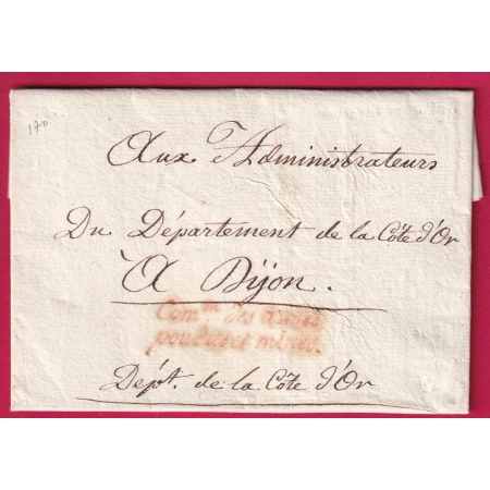 FRANCHISE COMon DES ARMES POUDRES ET MINES EN ROUGE 1794 SIGNE BENEZETH POUR DIJON COTE D'OR LETTRE COVER