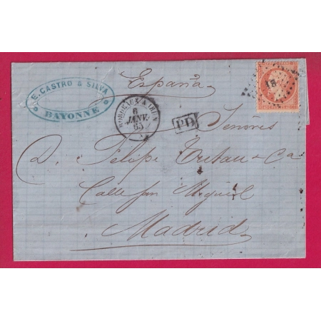 N°23 AMBULANT BORDEAUX A IRUN LOSANGE BI DEPART BAYONNE BASSES PYRENEES POUR MADRID ESPAGNE LETTRE COVER