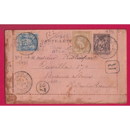 ENTIER SAGE 25C + N°28 90 PARIS ST DOMINIQUE POUR BUENOS AIRES ARGENTINE LETTRE COVER