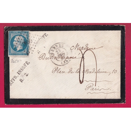 N°14 PC 2650 RENNES ILLE ET VILAINE GRIFFE AFFR INSUFF RAYON N°2 TAXE 4 POUR PARIS LETTRE COVER