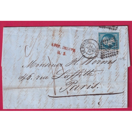 N°14 PC 1495 LE HAVRE GRIFFE AFFR INSUFFI RAYON 3 PARIS TAXE MANUSCRIT 4 LETTRE COVER