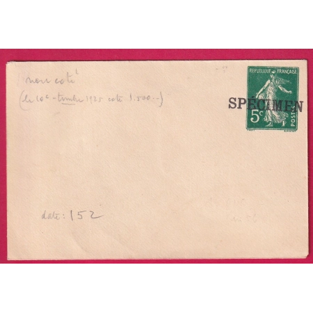 ENTIER 5C VERT SURCHARGE SPECIMEN NEUVE LETTRE COVER
