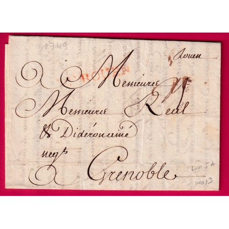 MARQUE DE ROUEN EN ROUGE SEINE INFERIEURE LENAIN N°5A INDICE 13 1749 POUR GRENOBLE ISERE LETTRE COVER