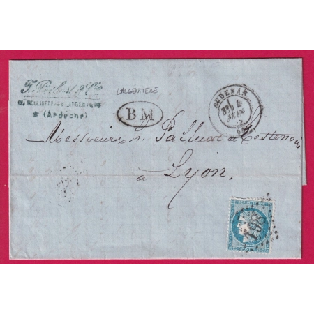 N°60 GC 198 AUBENAS ARDECHE BM LARGENTIERE POUR LYON LETTRE COVER