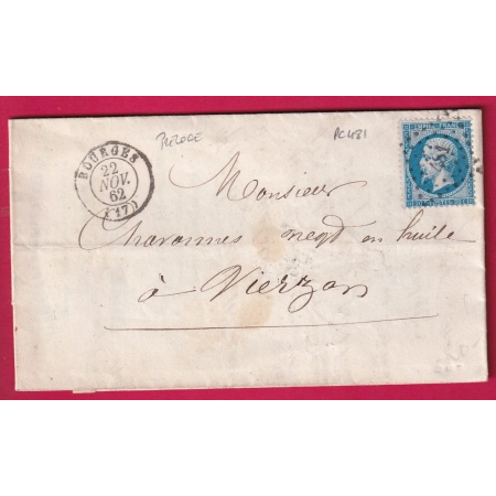 N°22 PRECOCE 22 NOVEMBRE 1865 PC 481 BOURGES CHER POUR VIERZON LETTRE