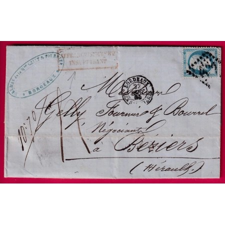 N°22 GC 532 BORDEAUX LES SALINIERES TAXE 4 AFFR INSUF MENTION POIDS 10.7 GRAMMES POUR BEZIERS HERAULT LETTRE