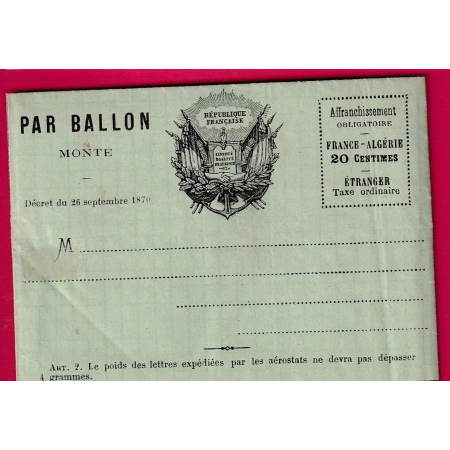 FORMULAIRE PAR BALLON MONTE NEUF PAPIER VERT LETTRE COVER