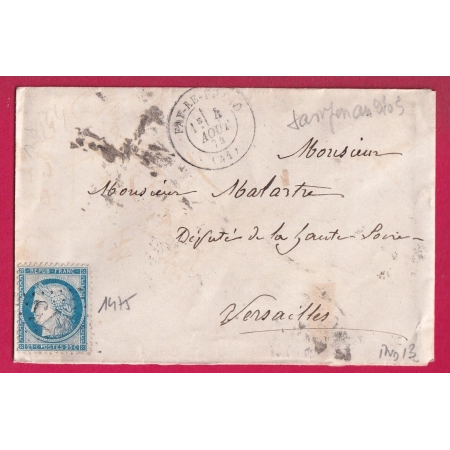 N°60 GC 1475 FAY LE FROID HAUTE LOIRE INDICE 13 AVEC CAD TYPE 17 POUR VERSAILLES ASSEMBLEE NATIONALE LETTRE COVER