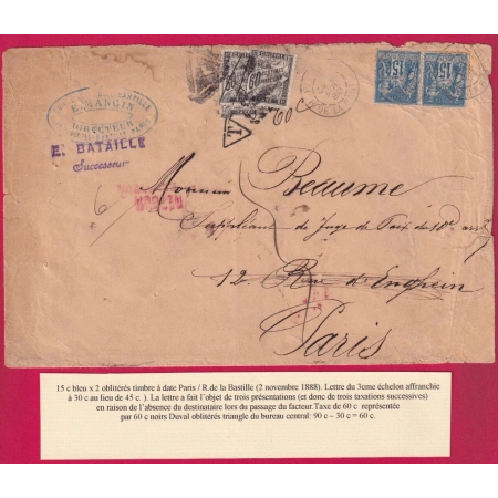 N°90 PAIRE PARIS R DE LA BASTILLE TAXE DUVAL 60C NOIR PRESENTE 3 FOIS  LETTRE COVER