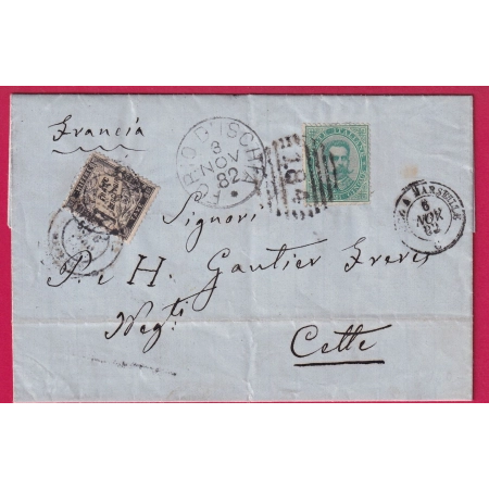 TAXE DUVAL 1FR NOIR CETTE HERAULT DEPART ITALIE FORIO D'ISCHIA 1882 CERTIFICAT RHP LETTRE COVER