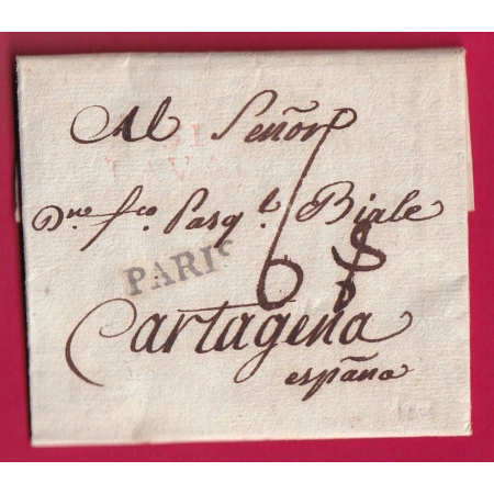 MARQUE 51 LAVAL MAYENNE 1801 + PARIS LINEAIRE POUR CARTAGENA ESPAGNE LETTRE