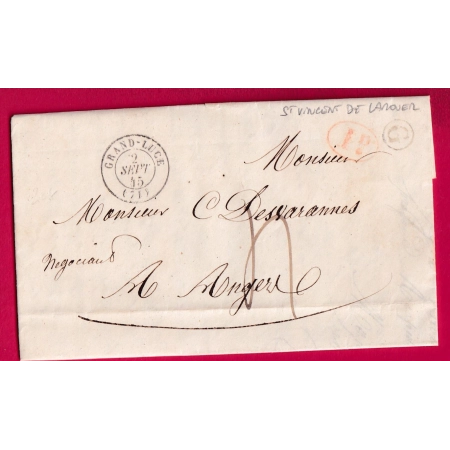 CAD TYPE 15 GRAND LUCE SARTHE BOITE RURALE G ST VINCENT DE LAROUER 1845 DECIME RURAL POUR ANGERS LETTRE COVER