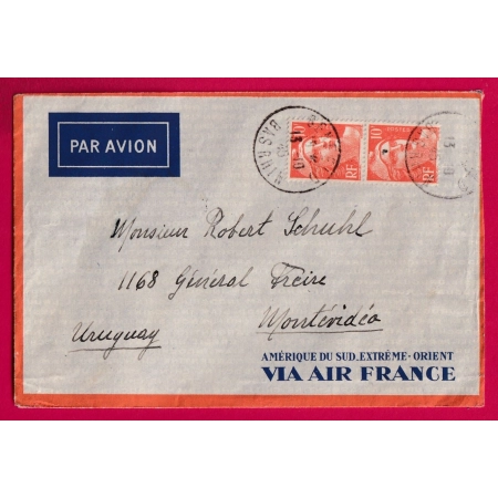 N°722 PAIRE BENFELD BAS RHIN POUR MONTEVIDEO URUGUAY 1945 PAR AVION VIA AIR FRANCE LETTRE COVER