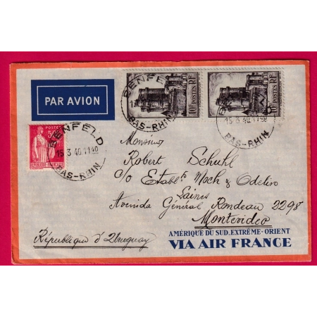 N°283 393 BENFELD BAS RHIN 1940 POUR MONTEVIDEO URUGUAY PAR AVION VIA AIR FRANCE LETTRE COVER