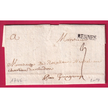 MARQUE RENNES ILLE ET VILAINE 1746 LENAIN N°4 POUR GUINGAMP INDICE 10 LETTRE COVER