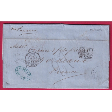 LETTRE DE VALPARAISO CHILI TAXE TAMPON 24 TAXE ANGLAISE 2F87 VIA PANAMA POUR BORDEAUX LETTRE COVER