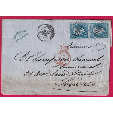 N°22 PAIRE GC 3465 STRASBOURG BAS RHIN POUR LONDRES LONDON LETTRE COVER