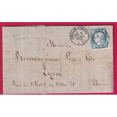 N°60 CAD TYPE 16 CHALON SUR SAONE ET LOIRE POUR LYON LETTRE COVER