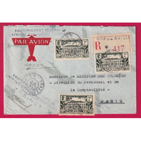 BRAZZAVILLE AEF MOYEN CONGO 1937 RECOMMANDE PAR AVION LETTRE COVER