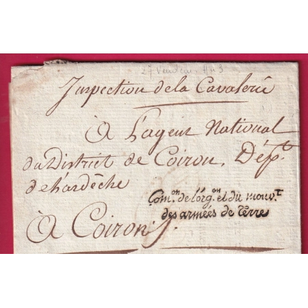 FRANCHISE COMMISSION ORGANISATION DU MOUVT DES ARMEES DE TERRE EN NOIR PARIS 3 1795 POUR COIRON ARDECHE LETTRE COVER