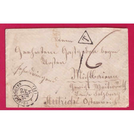 LETTRE SANS TIMBRE CAD TYPE 17 PUISSERGUIER HERAULT 1876 TAXE 16 POUR MICHAELBEUERN AUTRICHE LETTRE