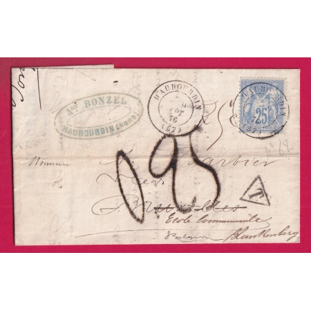 N°68 HAUBOURDIN NORD TAXE TAMPON 0.25 POUR BLANKENBERGHE BELGIQUE LETTRE