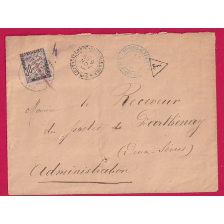 CAD POSTE ET TELEGRAPHE DEUX SEVRES VILLENEUVE DE ROUERGUE AVEYRON POUR PARTHENAY 1889 TAXE 30C DUVAL NOIR LETTRE