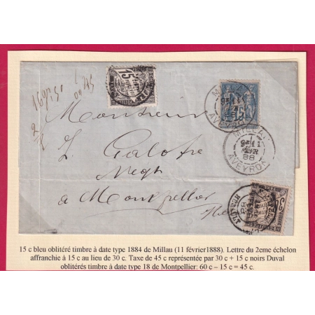 N°90 MILLAU AVEYRON TAXE A 45C 15 +30 NOIR DUVAL POUR MONTPELLIER LETTRE