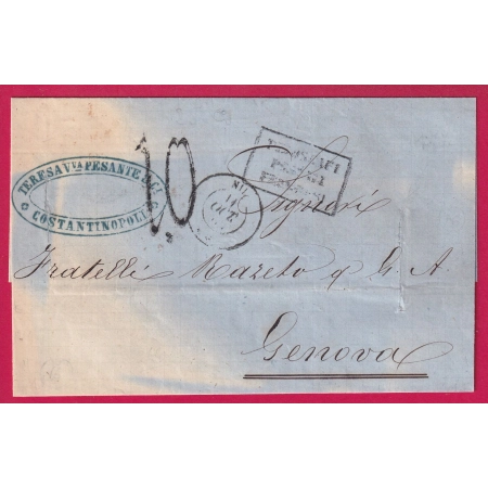 LETTRE PURIFIEE AU VINAIGRE + ENTAILLEE PAQUEBOT POSTE NIL DEPART CONSTANTINOPLE POUR GENES GENOVA ITALIE LETTRE COVER