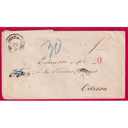 AUTRICHE BRAUNAU TAXE 35 MODIFIE 30 POUR ODESSA UKRAINE RUSSIE RUSSIA VIA LEMBERG 1865 LETTRE COVER