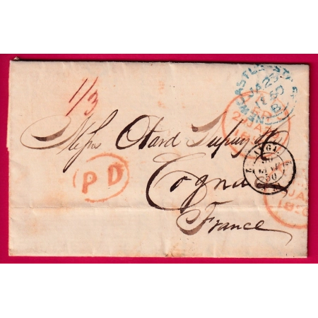 GRANDE BRETAGNE NEWCASTLE 1850 POUR COGNAC CHARENTE LETTRE