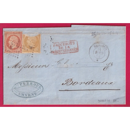 N°21 23 OBLITERATION ANCRE PAQUEBOT POSTE DUPLEIX DEPART SMYRNE POUR BORDEAUX INDICE 20 LETTRE COVER