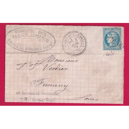 N°46B GC 6055 LES ROCHES DE CONDRIEU ISERE CAD TYPE 24 POUR FIRMINY LOIRE DEVANT DE LETTRE COVER