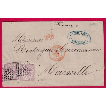 ESPAGNE N°135 GC 2240 MARSEILLE DEPART BARCELONE 1876 LETTRE COVER