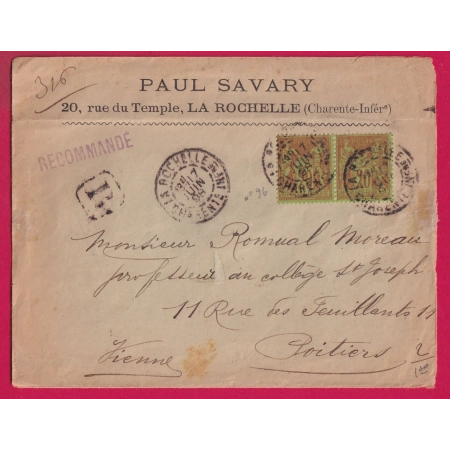 N°96 PAIRE LA ROCHELLE CHARENTE INFERIEURE RECOMMANDE POUR POITIERS VIENNE LETTRE COVER