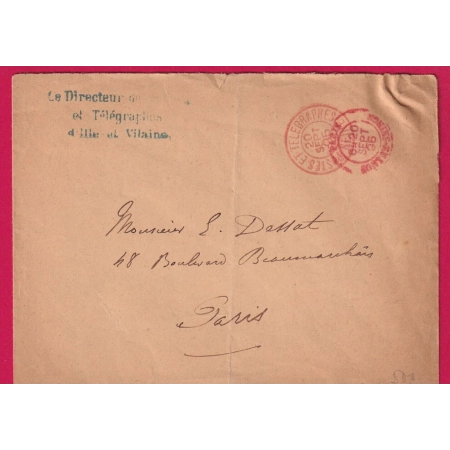 CAD ROUGE POSTES ET TELEGRAPHE SEINE 1896 DE RENNES ILLE ET VILAINE + PARIS CONTRESEING LETTRE COVER