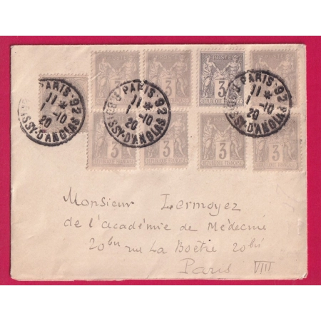 MIXTE BLANC SAGE N°87 X8 + 107 PARIS 1920 POUR PARIS LETTRE COVER