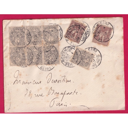 MIXTE BLANC SAGE N°82 X2 + 107 X7 ROUEN GARE 1902 SEINE INFERIEURE POUR PARIS LETTRE COVER