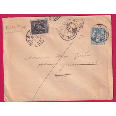 LETTRE REEXPEDIEE N°90 CAD BORDEAUX POUR PARIS + N°89 CACHET FACTEUR + PARIS POUR DORLISHEIM BAS RHIN ALSACE LORRAINE
