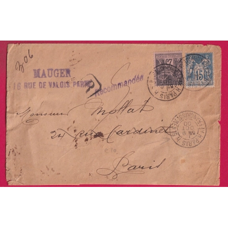 N°90 97 PARIS AFFRANCHISSEMENT H PARIS H RECOMMANDE POUR PARIS LETTRE