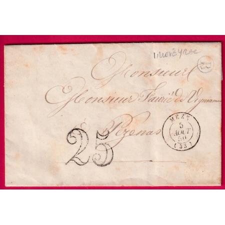 CAD TYPE 15 MEZE HERAULT 1850 BOITE RURALE B VILLEVEYRAC POUR PEZENAS LETTRE COVER