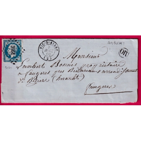 N°14 TTB PC 3561 VIC SUR AISNE OR AMBLENY POUR FAUGERES HERAULT LETTRE COVER