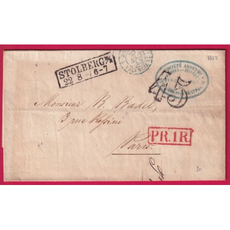 STOLBERG ALLEMAGNE TAXE TAMPON 45 POUR PARIS  LETTRE COVER